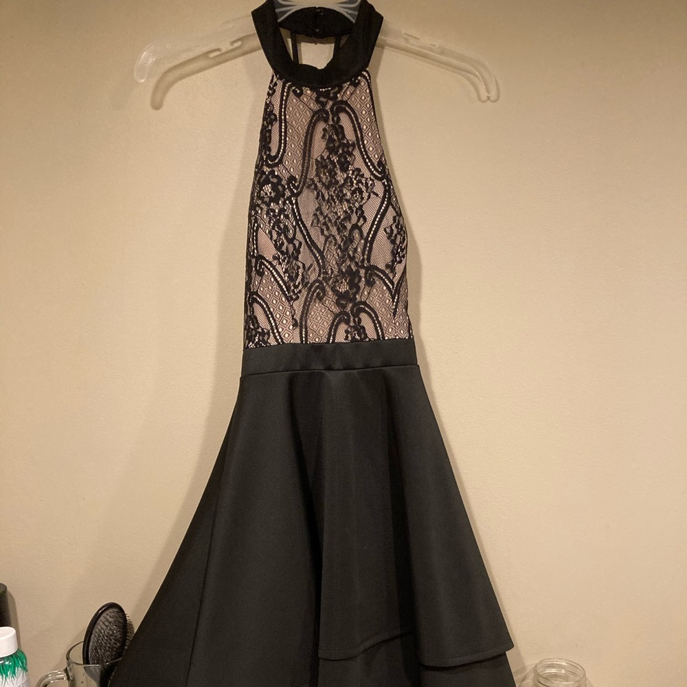 black & tan colored lace fish tail dress